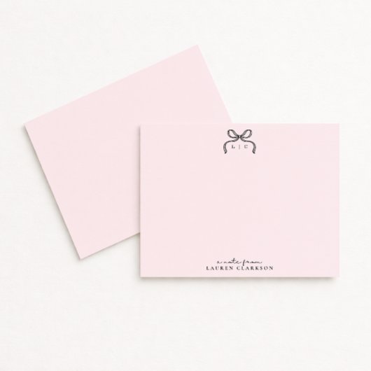 Hand Drawn Pink Bow Monogram Note Card Kaart