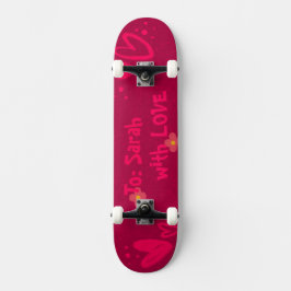 Hand-Drawn Pink Hearts & Floral Romantic Skateboard