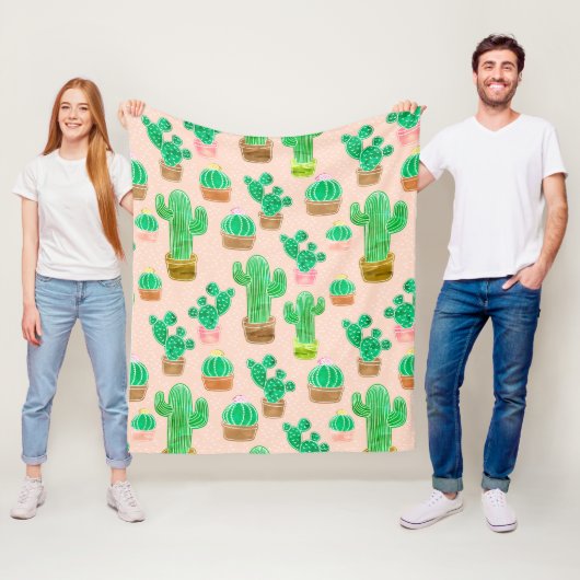 Hand Drawn Potted Cactus Pattern Fleece Deken (In situ)