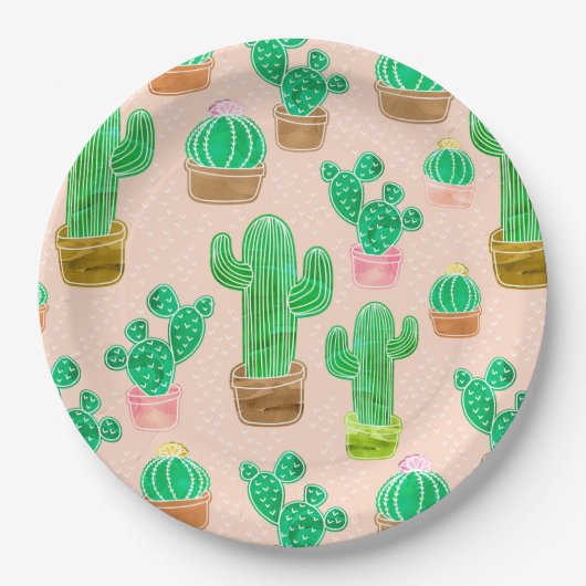 Hand Drawn Potted Cactus Pattern Papieren Bordje (Voorkant)