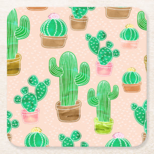 Hand Drawn Potted Cactus Pattern Vierkante Kartonnen Onderzetter
