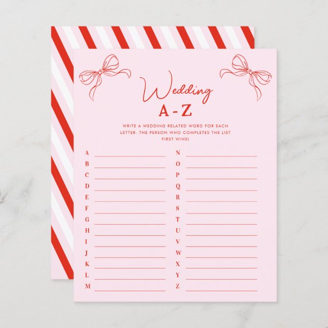 Hand Drawn Red Bow Wedding A-Z Bridal Shower Game (Voorkant / Achterkant)