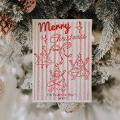 Hand Drawn Red Funny Christmas Trees Bow Non Photo Feestdagenkaart