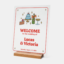 Hand Drawn Red Playful Whimsical Wedding Welcome Acryl Bord