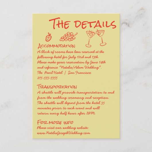 Hand Drawn Red Quirky Unique Fun Wedding Details Informatiekaartje (Voorkant)