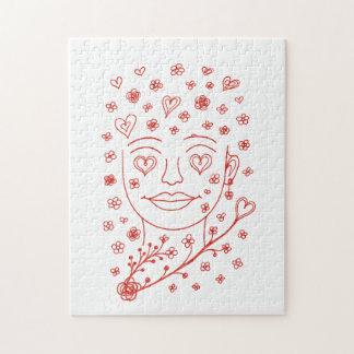Hand-Drawn Romantic Line Art Face with Hearts and  Legpuzzel
