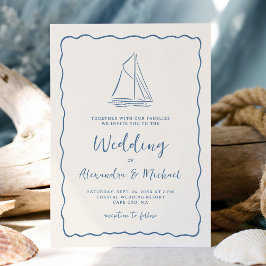 Hand Drawn Sailboat Blue Ivory Nautical Wedding Kaart