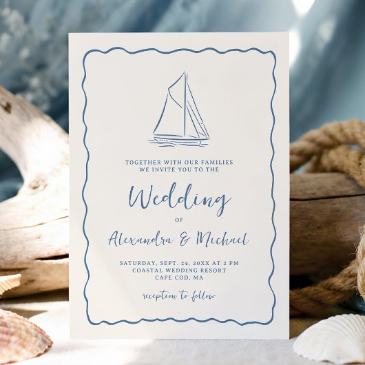 Hand Drawn Sailboat Blue Ivory Nautical Wedding Kaart