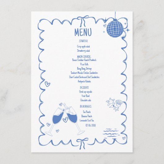 Hand drawn Scribble coastal illustration Wedding Menu (Voorkant)