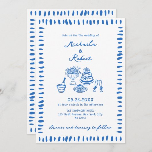 Hand Drawn Scribble Doodles All-In-One Wedding Inv Kaart (Voorkant / Achterkant)