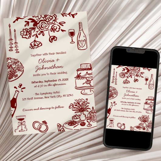 Hand Drawn Scribbles/Doodles Wedding Invitation Kaart