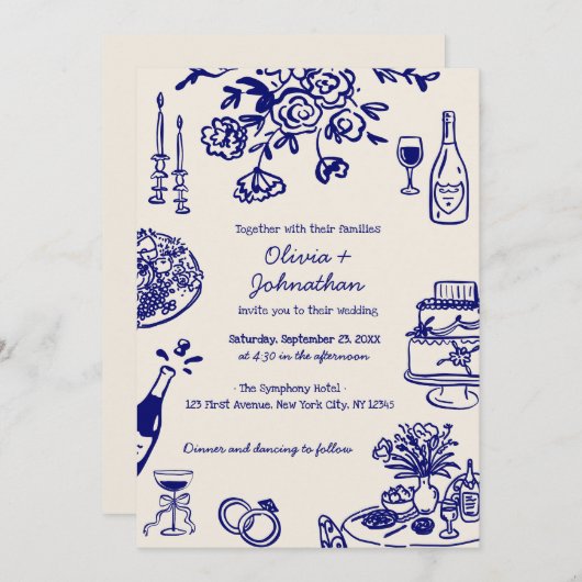 Hand Drawn Scribbles/Doodles Wedding Invitation Kaart (Voorkant / Achterkant)