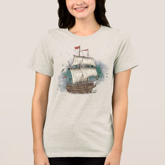 Hand Drawn Ship Tri-Blend Shirt (Voorkant)