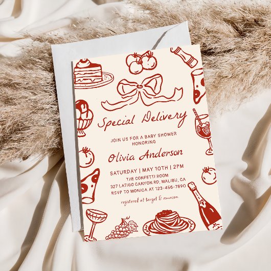 Hand Drawn Special Delivery Pizza Baby Shower Kaart
