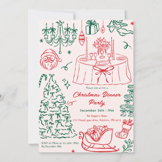 Hand Drawn Squiggle Doodles Christmas Party Invita Kaart (Voorkant)
