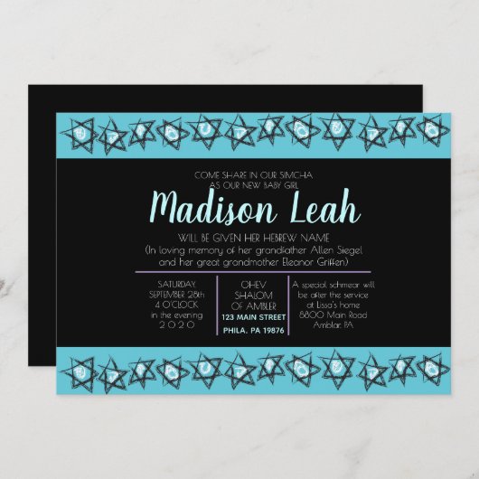 HAND-DRAWN STARS Jewish Baby Naming Invitation Kaart (Voorkant / Achterkant)