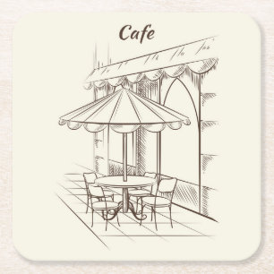 Hand Drawn Street met Cafe' Vierkante Kartonnen Onderzetter
