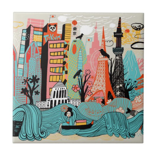 Hand Drawn Tokyo Japan Tegeltje (Voorkant)