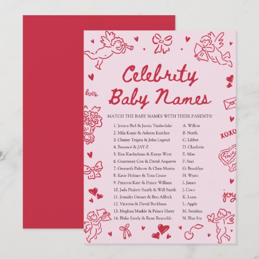 Hand Drawn Valentine Celebrity Baby Name Game Kaart (Voorkant / Achterkant)
