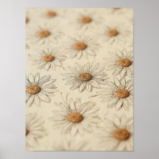 Hand-drawn vintage daisies arranged insoft pattern poster