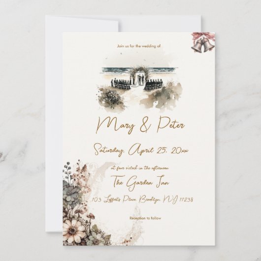 Hand drawn wedding invitation floral beach (Devant)