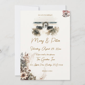Hand drawn wedding invitation floral beach kaart