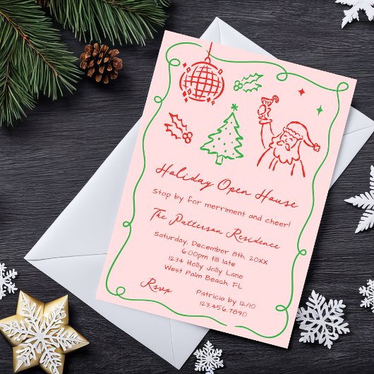 Hand Drawn Whimsical Doodle Christmas Open House Kaart