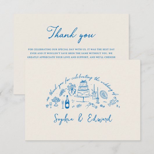 Hand-drawn whimsical line art wedding style bedankkaart (Voorkant / Achterkant)