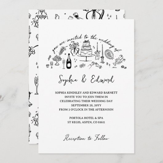 Hand-drawn whimsical line art wedding style kaart (Voorkant / Achterkant)