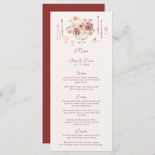 Hand Drawn Whimsical Tabletop Burgundy Wedding Menu (Voorkant / Achterkant)