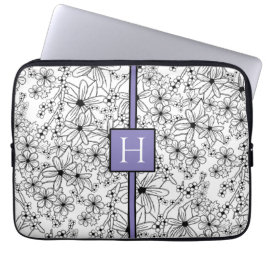 Hand Drawn White Floral Pattern Purple Monogram Laptop Sleeve