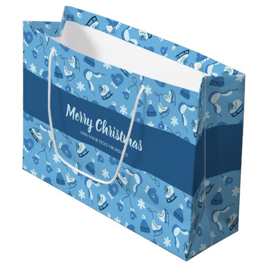 Hand Drawn Winter Pattern Blue Large Gift Bag Groot Cadeauzakje (Voorkant Gekanteld)