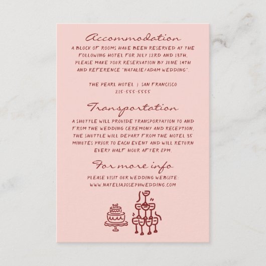 Hand Drawn Written Pink Burgundy Wedding Details Informatiekaartje (Voorkant)