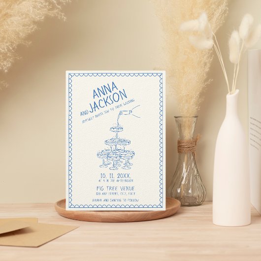 Hand geïllustreerd Retro Frans Blauw Bruiloft Kaart