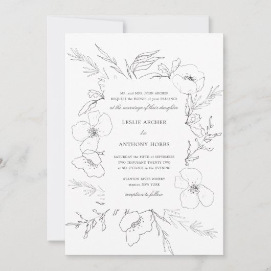 Hand geschetste pioen witte bruiloft kaart (Voorkant)