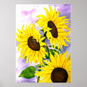 Hand geschilderd 3 gele zonnebloemen waterverf poster
