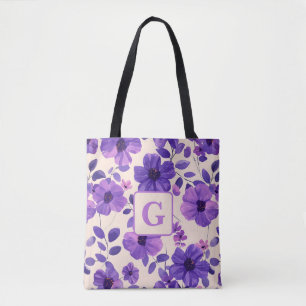 Hand geschilderd paarse bloemen gepersonaliseerd m draagtas