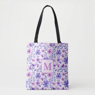 Hand geschilderd paarse bloemen gepersonaliseerd m draagtas