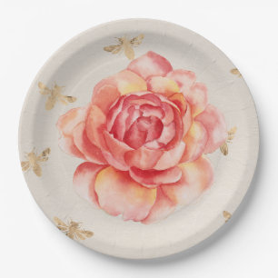 Hand geschilderd Roos of pioen w / Golden Bees op  Papieren Bordje