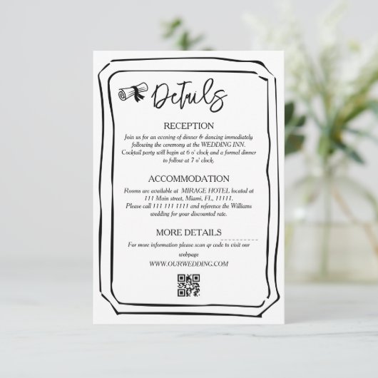 Hand geschilderd zwart en wit bruiloft info informatiekaartje (Staand voorkant)