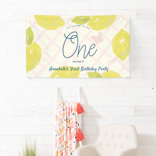 Hand geschilderde citroen en roze check eerste ver spandoek (Insitu)