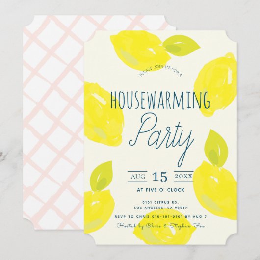 Hand geschilderde Lemon Pink House Warming Party Kaart (Voorkant / Achterkant)