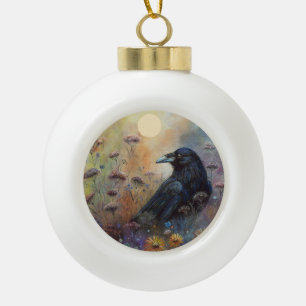 Hand geschilderde raaf met wilde bloemen keramische bal ornament