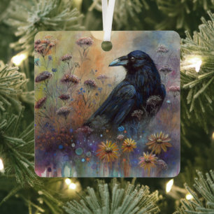 Hand geschilderde raaf met wilde bloemen metalen ornament