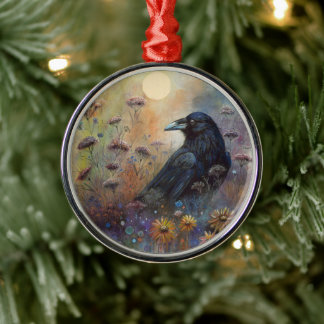 Hand geschilderde raaf met wilde bloemen metalen ornament