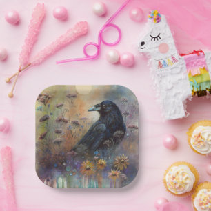 Hand geschilderde raaf met wilde bloemen papieren bordje