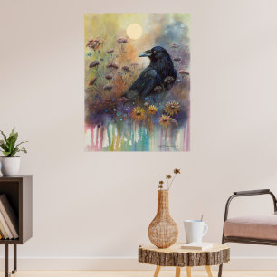 Hand geschilderde raaf met wilde bloemen poster