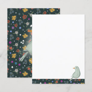 Hand geschilderde witte Heron vogel op wilde bloem Briefkaart
