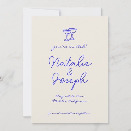 Hand geschreven getekende blauwe retro unieke brui save the date (Achterkant)