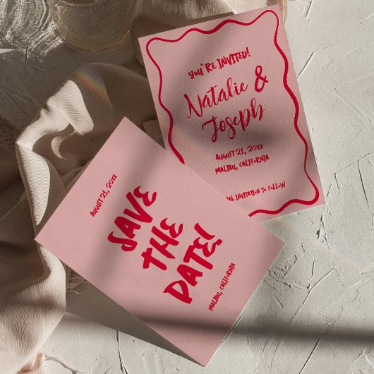 Hand geschreven getekende rode roze kleurrijke ret save the date